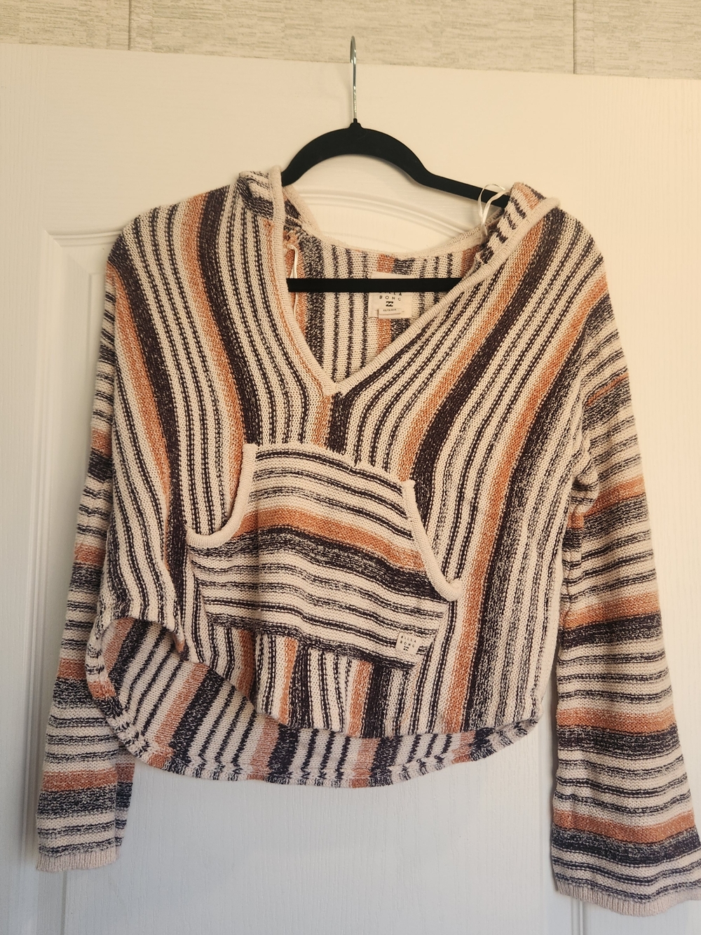Billabong Striped V‑Neck Hoodie in Cream, Brown & Black XS Euc